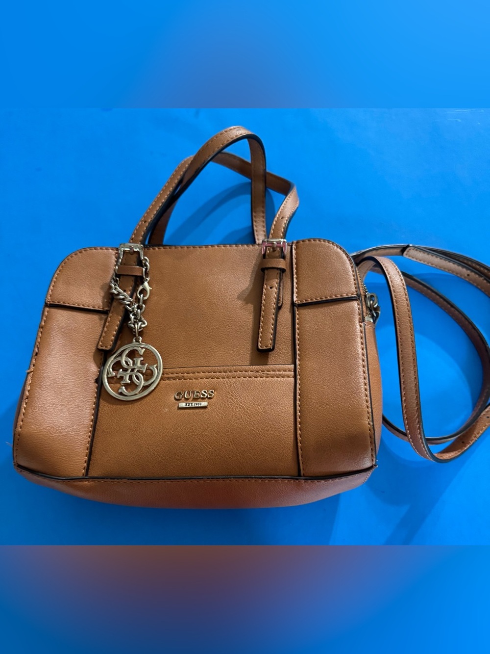GUESS Brown/Tan Crossbody Satchel with Logo Charm